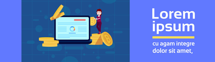 girl character application bitcoin mining template for design work and animation cryptocurrency on blue background full length flat copy space banner vector illustration