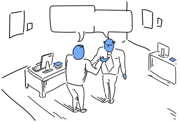 Two businessman talking combined chat box bubble communication concept, business man sketch white background vector illustration