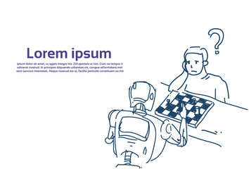 human and robot playing chess fight artificial intelligence over white background sketch doodle copy space vector illustration