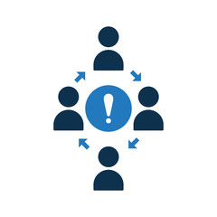 People connecting icon. Community icon with exclamation mark. Teamwork icon and alert, error, alarm, danger symbol