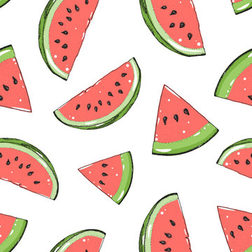 Watermelon seamless pattern. Hand drawn watermelon slice. Vector illustration. Vintage illustration.