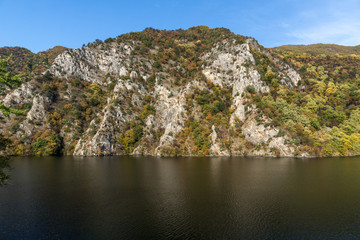 Fototapeta premium Autumn ladscape from dam of The Krichim Reservoir, Rhodopes Mountain, Plovdiv Region, Bulgaria