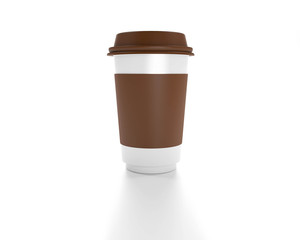 White disposable paper cup with brown plastic lid mock up on white background, 3d rendering. Empty polystyrene coffee drinking mug mockup front view. Clear plain tea take away package
