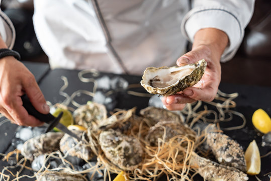 Open oysters ready for consuming, country-style