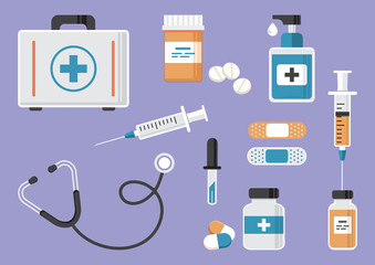 Medicine. First aid kit, stethoscope and syringe, vial of medicine, and pills, hand sanitizer bottles, medical plaster, pipette. Vector illustration