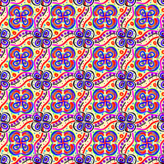 Colorful decorated floral repeating pattern with cool vivid colors and black outlines for textiles, fabrics, prints, backgrounds, backdrops and creative festive and lively surface designs