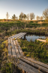 Wooden path over small pond in garden in early spring in sunset.