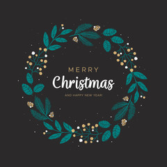 Christmas wreath of berries and pine branches on the black background. Unique design for your greeting cards, banners, flyers. Vector illustration in modern style.