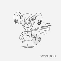 Vector illustration. Girl playing basketball. Girl in a scarf. Sport. Sketch. Drawing for children. Flat icon