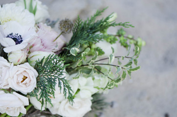 Flower bunch with green leaves, white flower, and pink flowers