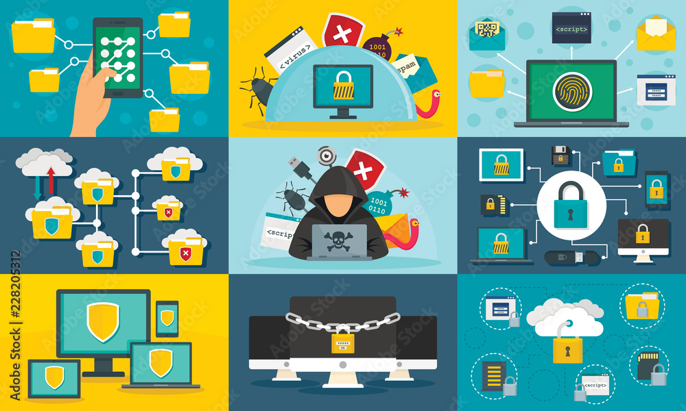 Poster computer security banner set. flat illustration of computer security vector banner set for web desig