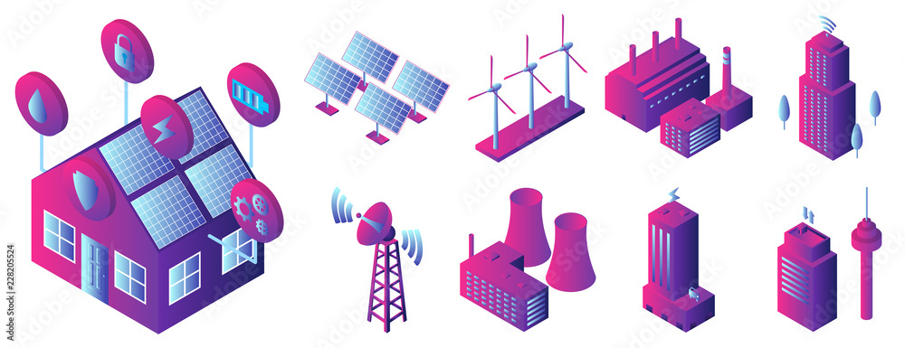 Poster intelligent building icon set. isometric set of intelligent building vector icons for web design