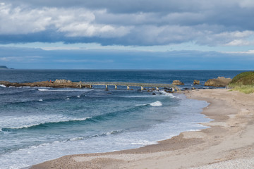 Landscape wooden bridge at Ballycastle beach, Northern Ireland