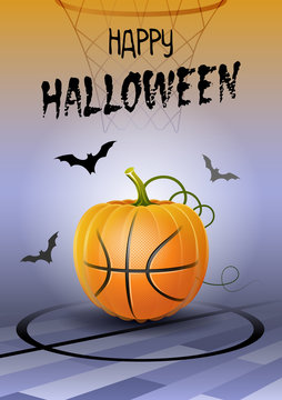 Happy Halloween. Sports greeting card. Realistic basketball ball in the shape of a Pumpkin. Vector illustration.