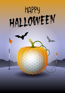 Happy Halloween. Sports greeting card. Realistic golf ball in the shape of a Pumpkin. Vector illustration.