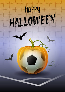 Happy Halloween. Sports greeting card. Realistic soccer ball in the shape of a Pumpkin. Vector illustration.