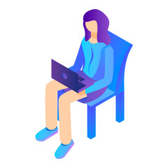 Girl sit with laptop on chair icon. Isometric of girl sit with laptop on chair vector icon for web design isolated on white background