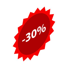 Minus 30 percent sale red emblem icon. Isometric of minus 30 percent sale red emblem vector icon for web design isolated on white background