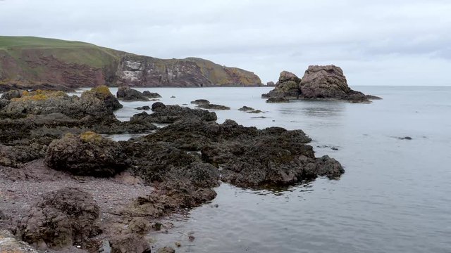 Waters of the North Sea gently ripples around rugged rocks along shoreline at St Abbs a small fishing village on the southeastern coast of Scotland, with distant headland in background