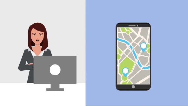 woman with computer cellphone location service taxi