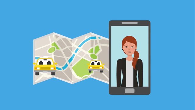 woman in mobile taxi service transport map