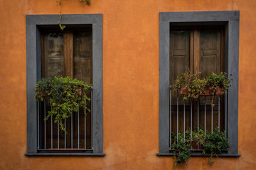 Fototapeta na wymiar Beautiful windows of an orange house with typical wooden doors, balconies and plants. Shot in Santu Lussurgiu, Sardinia, Italy.
