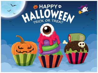 Vintage Halloween poster design with vector witch cupcake & ghost character. 