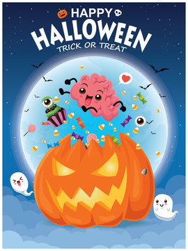 Vintage Halloween poster design with vector Jack O Lantern, brain, ghost, cupcake character. 