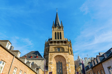 Fototapeta na wymiar steeple of the famous Aachen Cathedral in Aachen, Germany