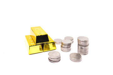 Gold ingots and coins isolated on white background