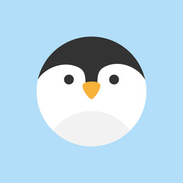 Cute penguin round vector graphic icon. Penguin bird animal head, face illustration. Isolated on blue background.