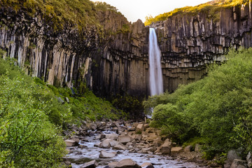 Svartifoss waterfall from above, with basalt columns, Iceland in summer, water in motion blur.