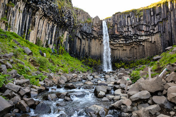 Svartifoss waterfall from above, with basalt columns, Iceland in summer, water in motion blur.