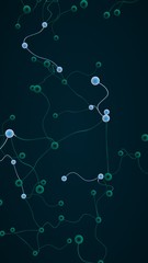 Neural network. Social network. Futuristic dna, deoxyribonucleic acid. Abstract molecule, cell illustration, mycelium. Dark background. 3D illustration