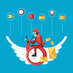 courier worker with clock flying logistic service