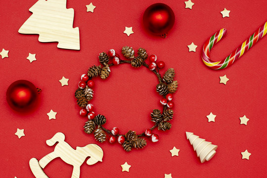 Christmas layout wooden Christmas decorations, Christmas wreath, decor and minimalist gifts
