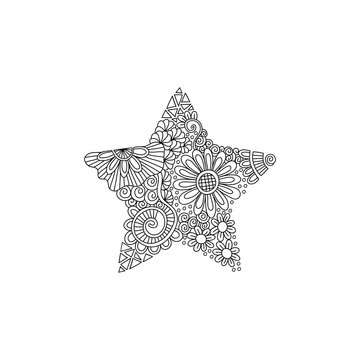 Black and white star doodle illustration with flowers, swirls and abstract shapes