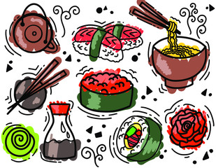Sketch flat food vector illustration with asian snacks, tea, noodles and Sushi rolls traditional seaweed. Asia cuisine restaurant delicious