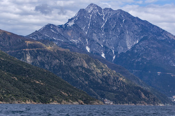 Landscape of Mount Athos in Autonomous Monastic State of the Holy Mountain, Chalkidiki, Greece
