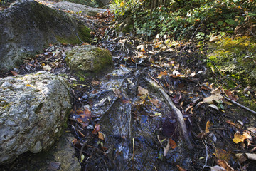 a small waterfall is running in the pond