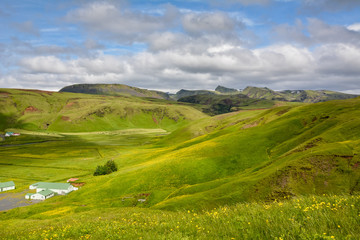 Obraz premium Green valley near Vik, Iceland on overcast summer day, dramatic clouds, beautiful scenery