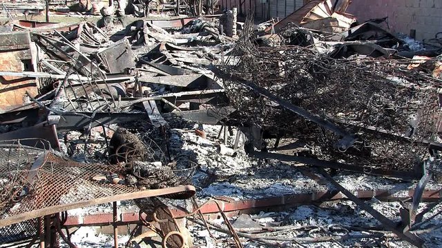Close up of burned down trailer park near Sylmar so called Sayre Fire near Los Angeles, USA.