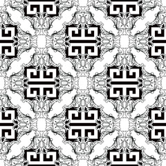 Baroque black and white modern seamless pattern. Geometric greek key meander ornamental background. Floral antique baroque ornament with ancient meanders design. Vintage frames. Ornate vector texture