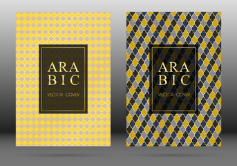 Muslim pattern vector cover page layout design collection in arabic style mosaic in gold grid. Islamic background, moroccan, turkish, persian, ottoman pattern vector template. Oriental motifs.