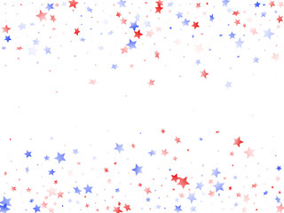 Flying red blue white star sparkles on white vector american patriotic background.