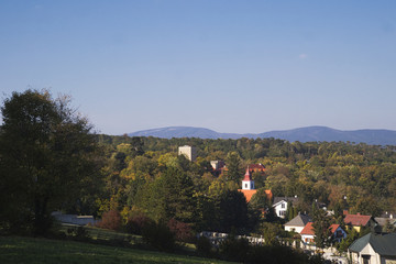 view to a tower from a castle in the forest