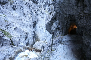 Mountain hiking tunnel at Höllentalklamm in Bavaria-Germany
