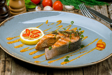 Salmon steak on the grill