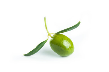 raw  turkish fresh aegean green olive seeds and leaves on white background