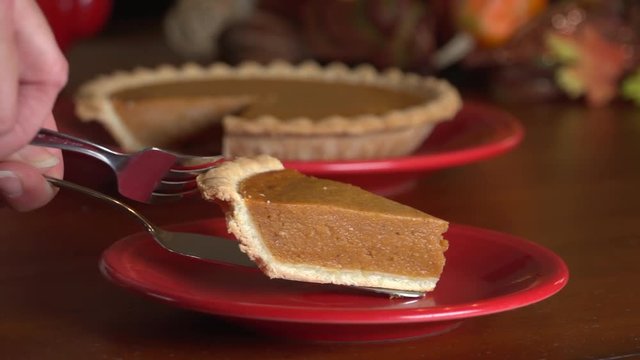 Close up serving slice of pumpkin pie
